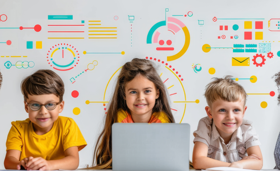 diverse group children with laptops learning technology coding concepts 1