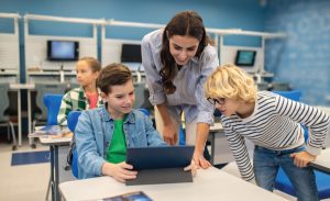 Teacher explaining to kid