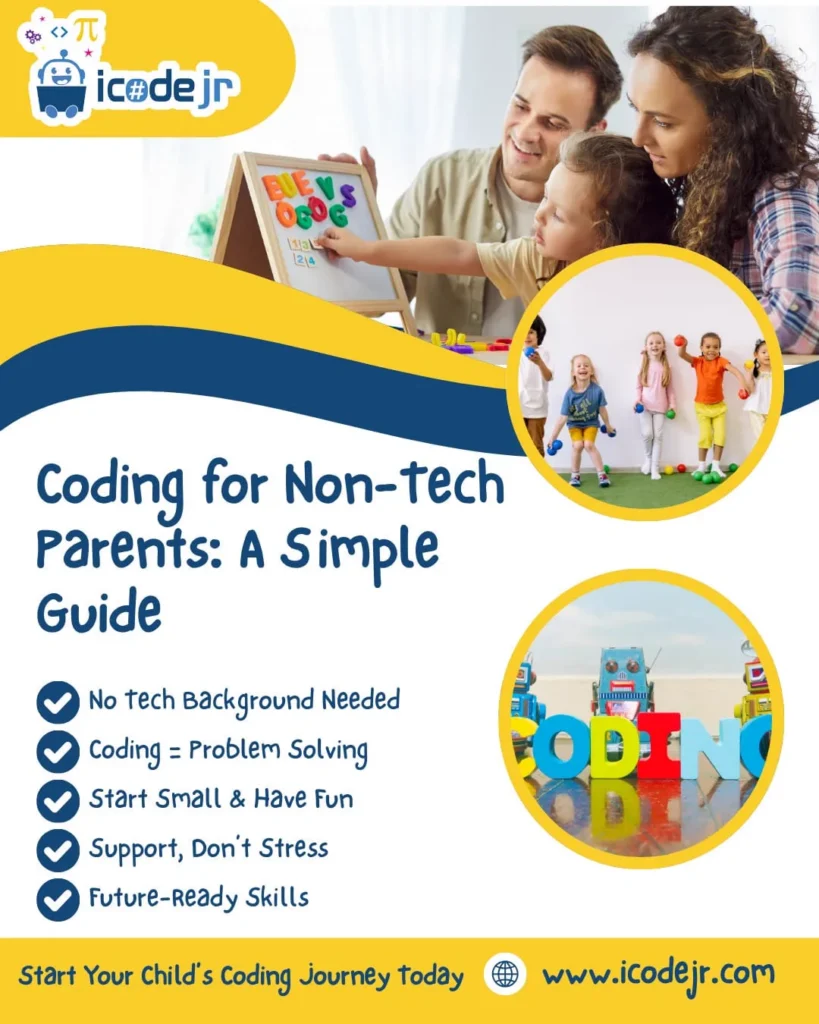 iCodejr graphic: Coding for Non-Tech Parents, a simple guide, with parents helping their children learn