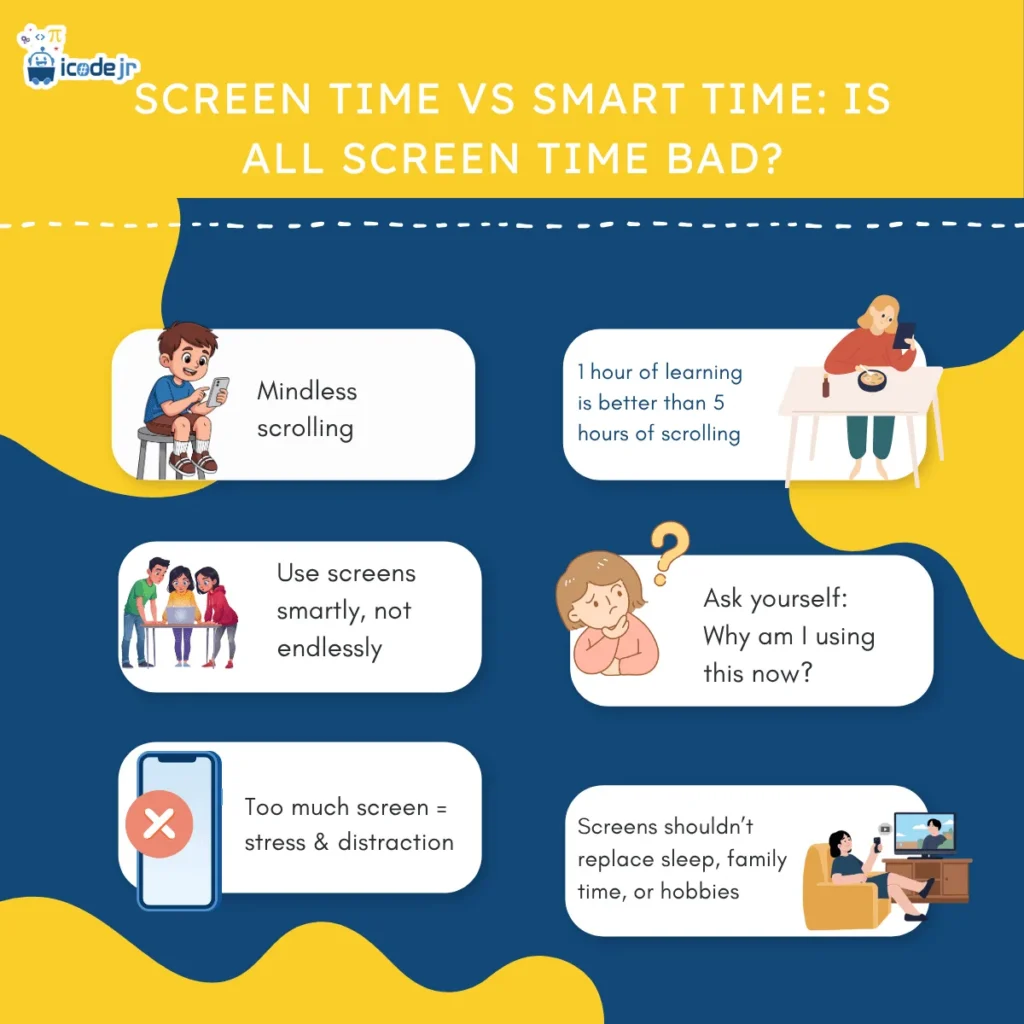 Infographic on screen time vs smart time: mindless scrolling, using screens smartly and protecting sleep and family time