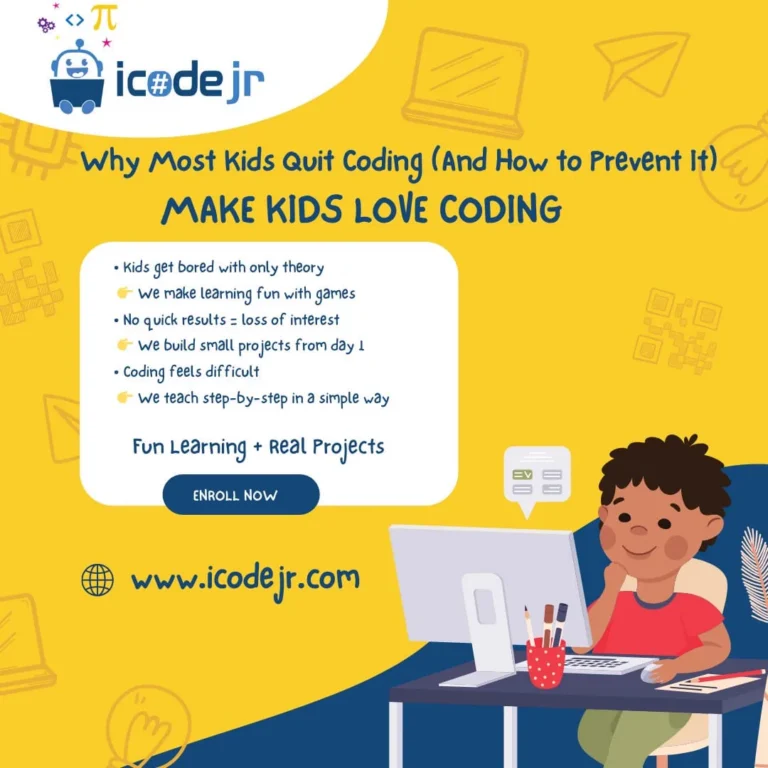 iCodejr graphic: Why most kids quit coding and how to prevent it, with a boy coding happily at his desk