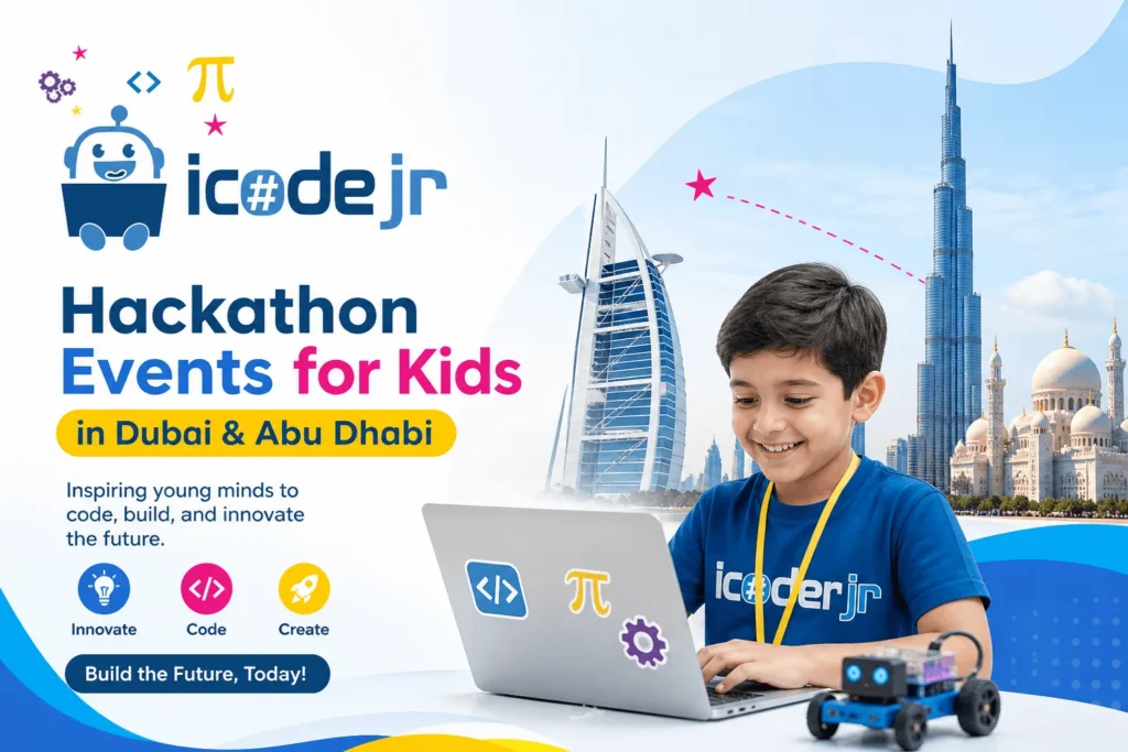 iCodejr graphic for hackathon events for kids in Dubai and Abu Dhabi: a boy codes on a laptop beside a small robot car