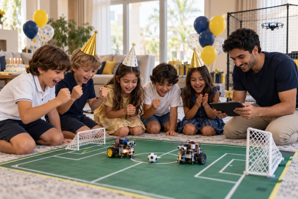 Children in party hats cheer as small robots play robo football at a robotics birthday party at home in Dubai