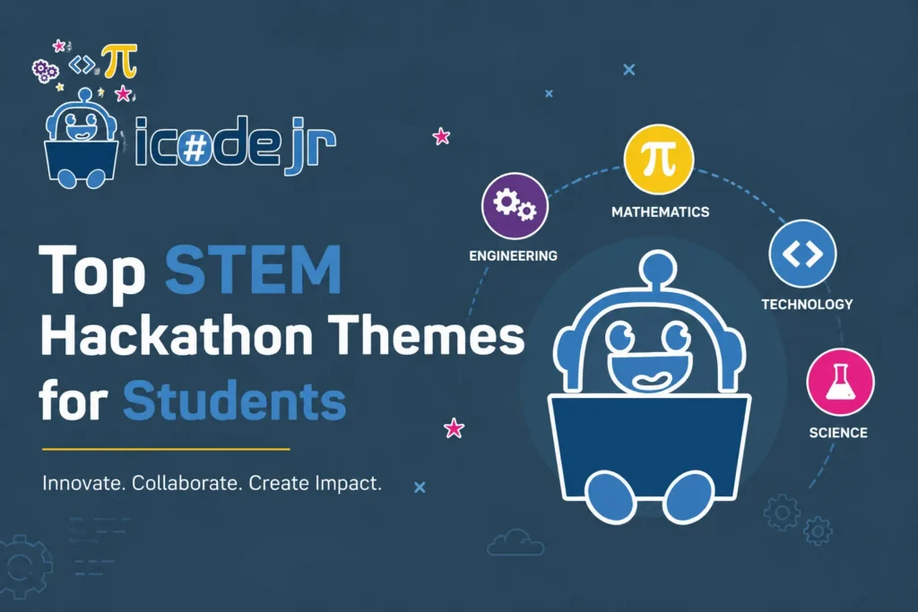 iCodejr graphic: Top STEM Hackathon Themes for Students, with a robot circled by engineering, maths, technology and science