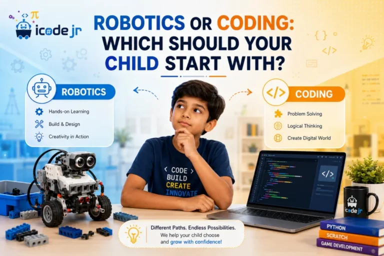 iCodejr graphic: a boy wonders whether to start with robotics or coding, with a robot kit on one side, a laptop on the other