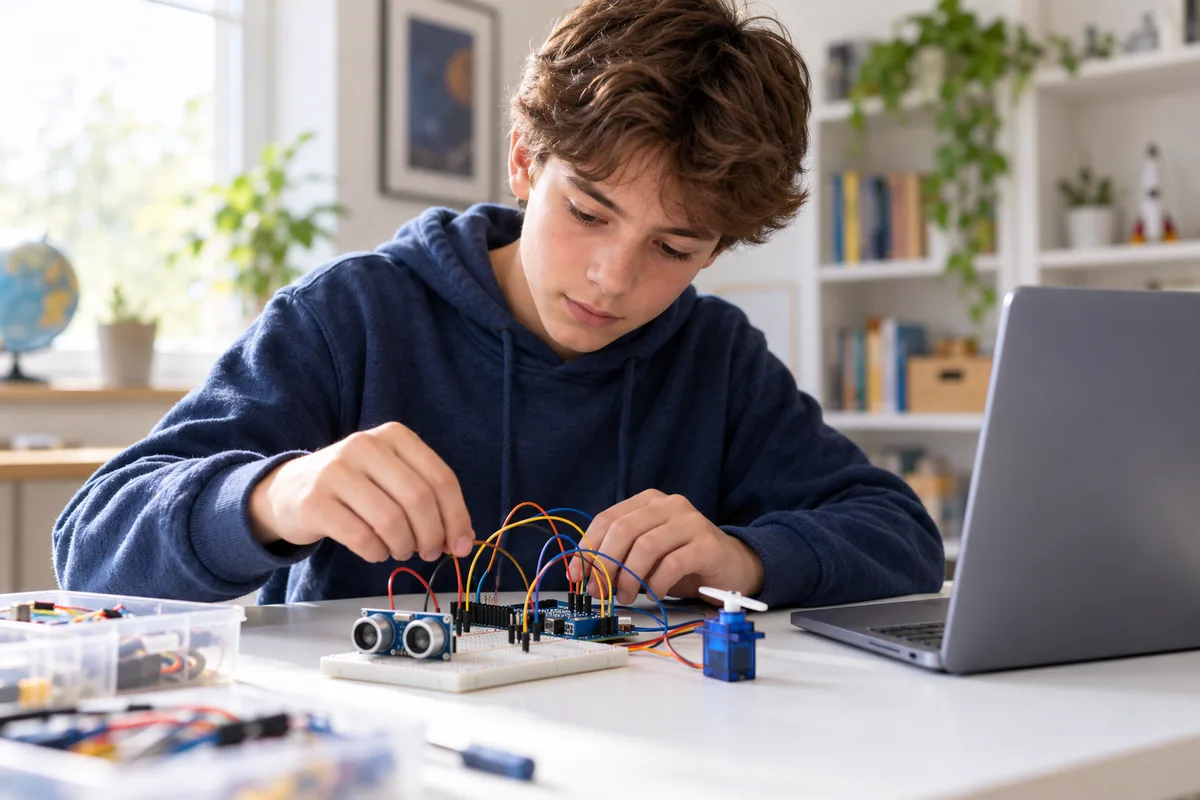 A teenager wires a microcontroller to a distance sensor and a servo motor on a breadboard