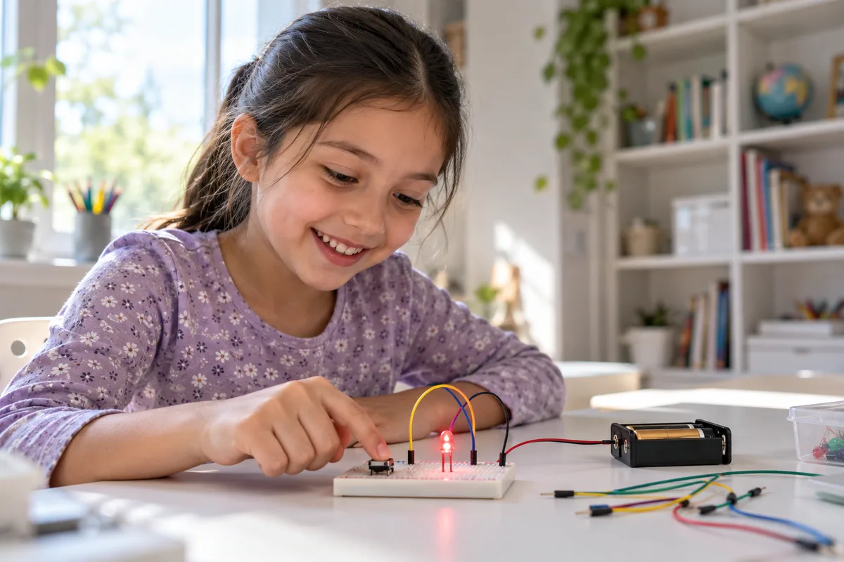 A smiling girl presses a button on a breadboard circuit to light up a red LED