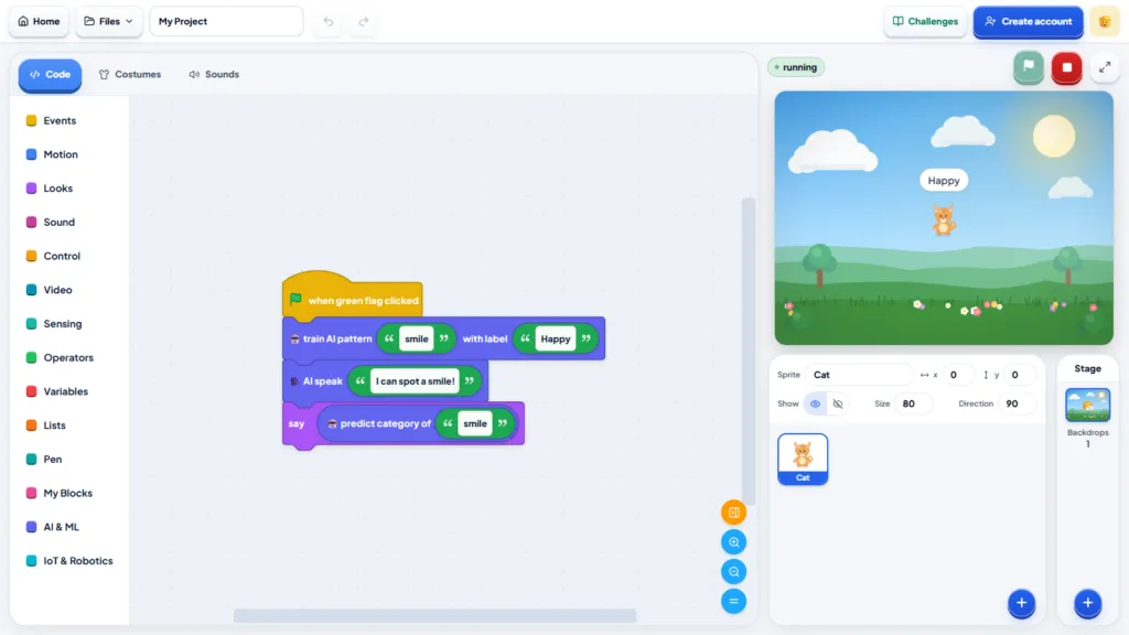 Bloqi AI blocks that train a pattern labelled Happy and then predict it, with the cat on stage saying Happy