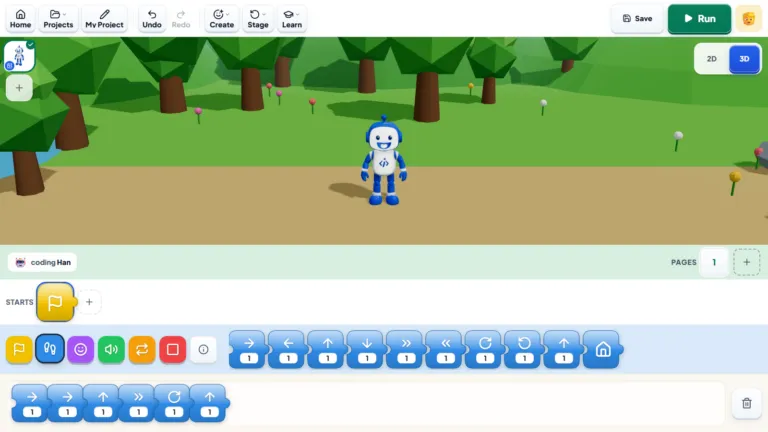 Bloqi Jr, the early-years coding space, with a robot character in a 3D park and a row of arrow picture blocks below