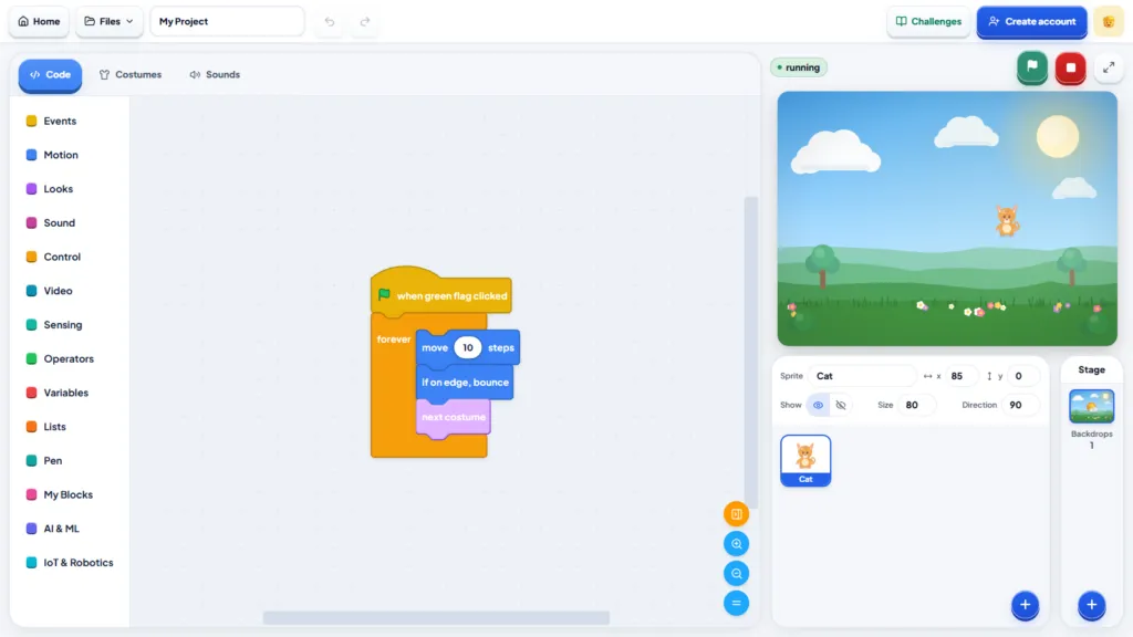 Bloqi Studio block coding: a forever loop with move, bounce and next costume blocks making a cartoon cat walk across the stage