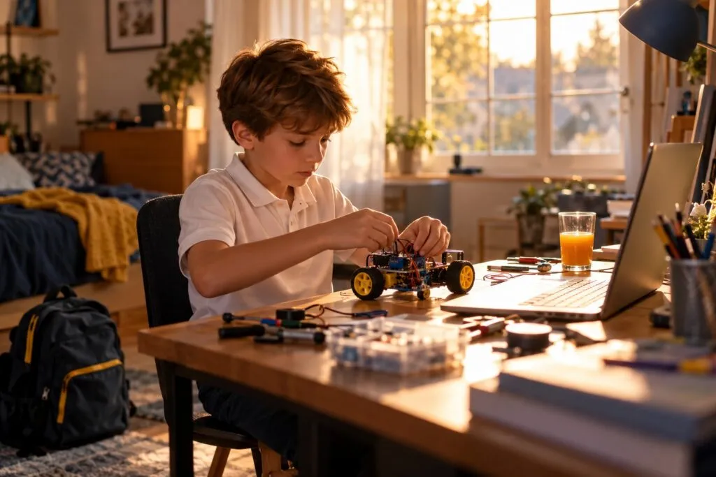 A boy in his school uniform builds a small robot at home after school