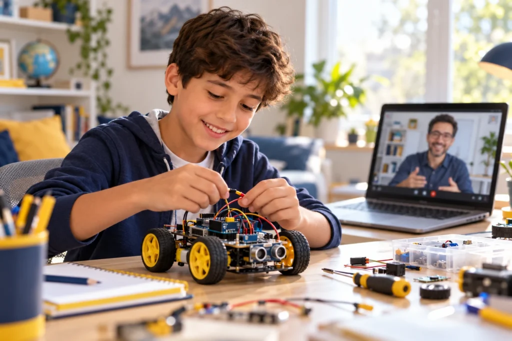 A boy wires a small robot at his desk while his teacher guides him on a live online class