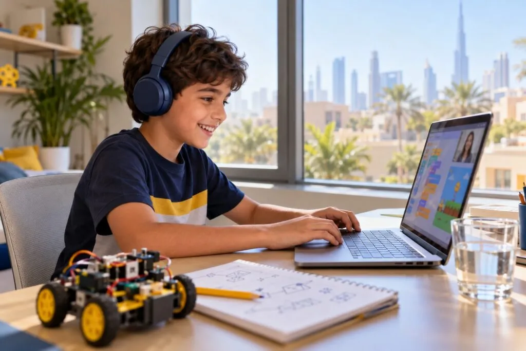 A boy in headphones codes a game on his laptop at home during an online summer coding camp