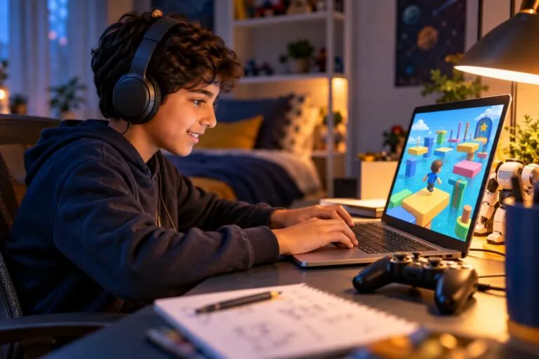 A boy designs a colourful 3D obstacle-course game on his laptop