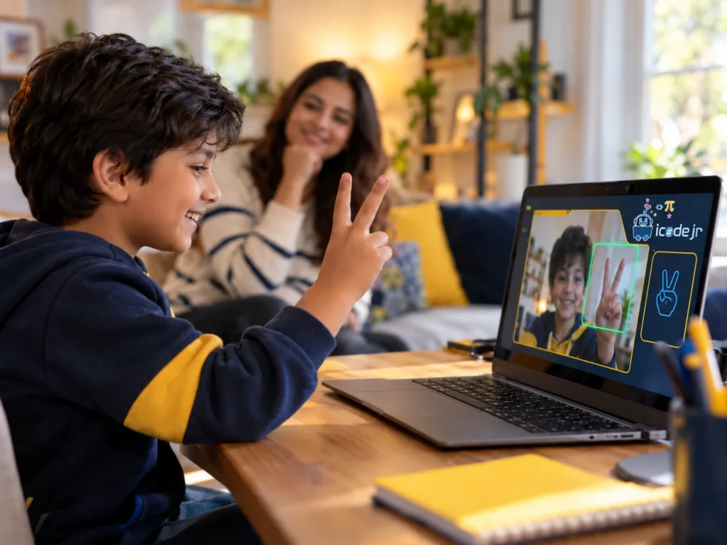 A boy holds up a peace sign to his laptop webcam as an AI model recognises the gesture, while his mother watches