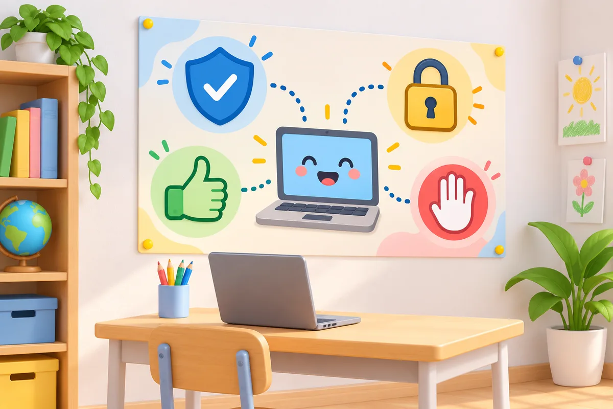 An online-safety poster with a shield, padlock, thumbs-up and stop hand above a desk with a laptop