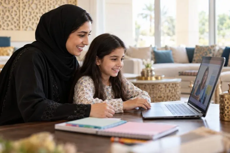 An Emirati mother sits beside her daughter during a live one-to-one online coding class