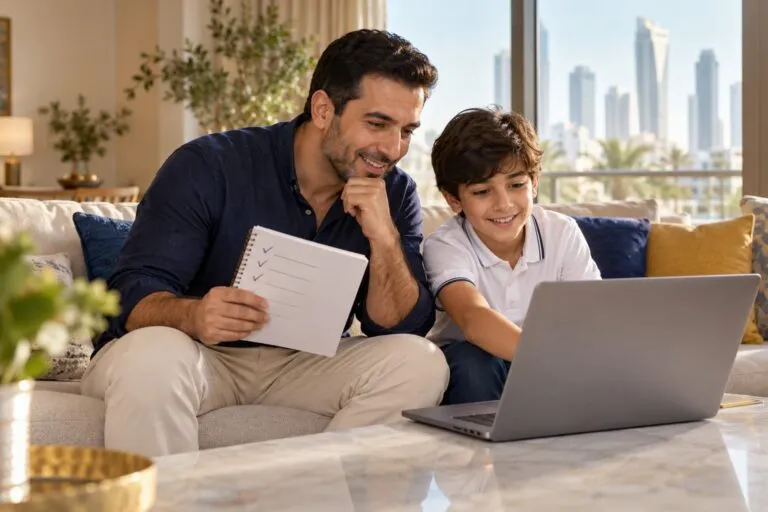A father and son look at a laptop together as they choose a coding class