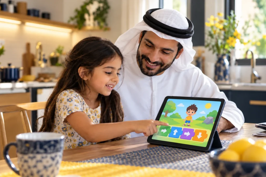 A young girl shows her father the block code she made on a tablet at the kitchen table