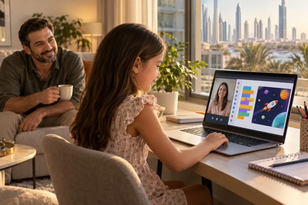 A girl takes a free online coding trial class at home in Dubai while her father watches