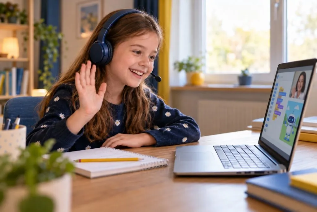A girl in headphones waves to her teacher during a live online coding class at home