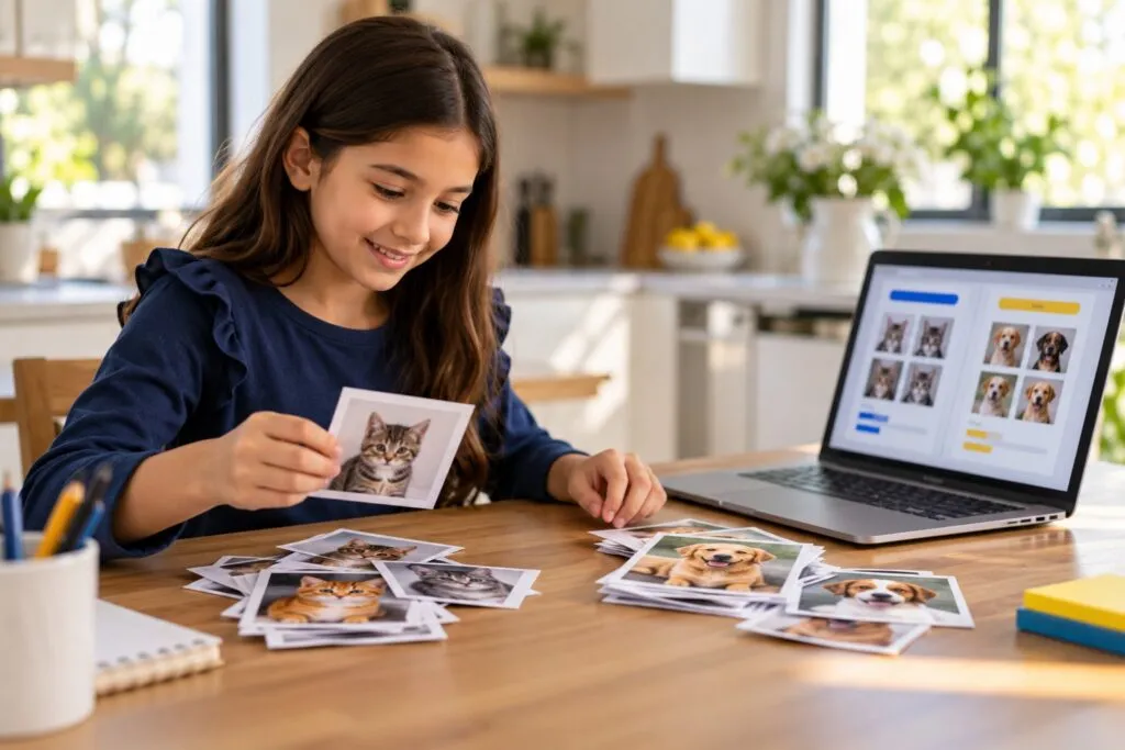 A girl sorts photos of cats and dogs to train a simple image-recognition model on her laptop