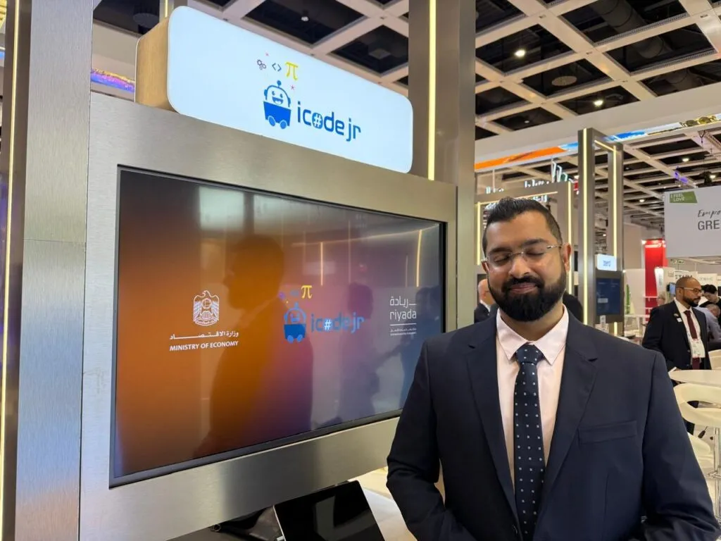 Hannan Moti, Founder and CEO of iCodejr, at the iCodejr screen on the UAE Pavilion at GITEX Europe 2025, Messe Berlin