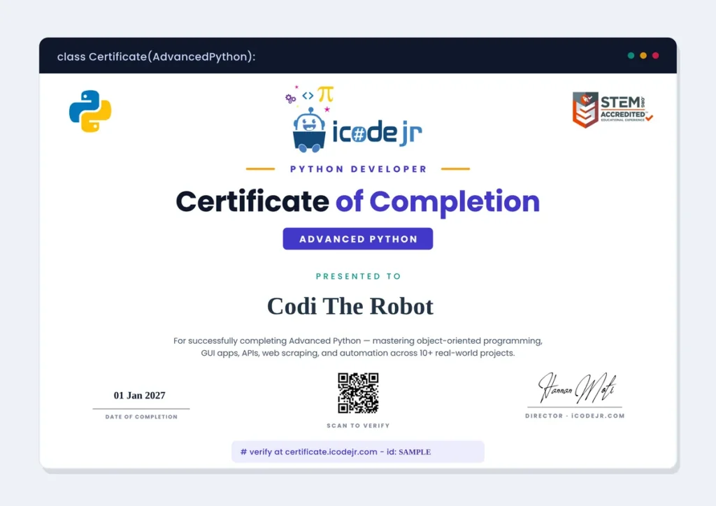 Sample iCodejr Advanced Python certificate of completion with QR code verification