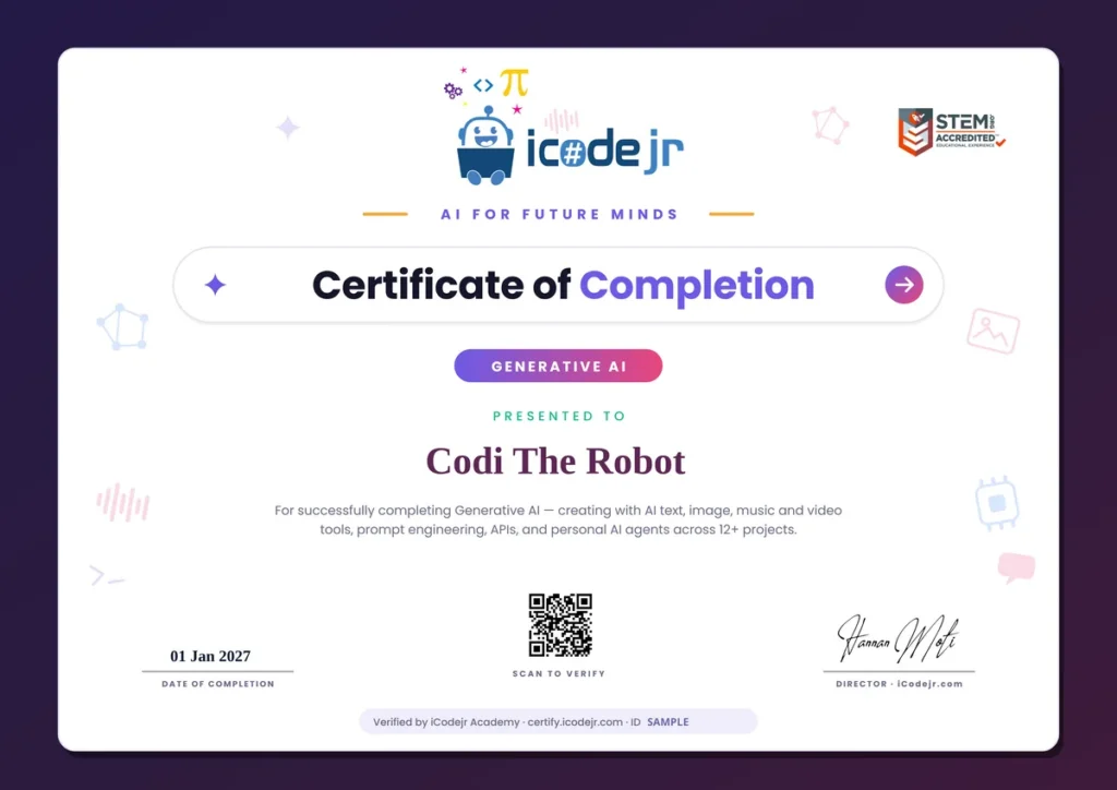 Sample iCodejr Generative AI certificate of completion with QR code verification