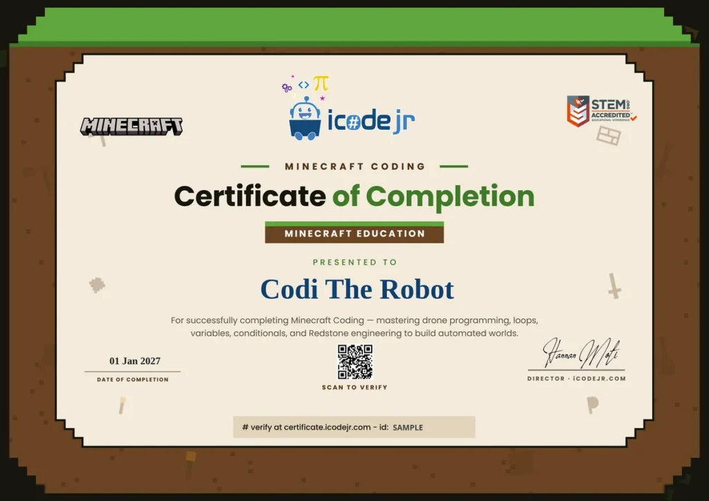 Sample iCodejr Minecraft coding certificate of completion with QR code verification