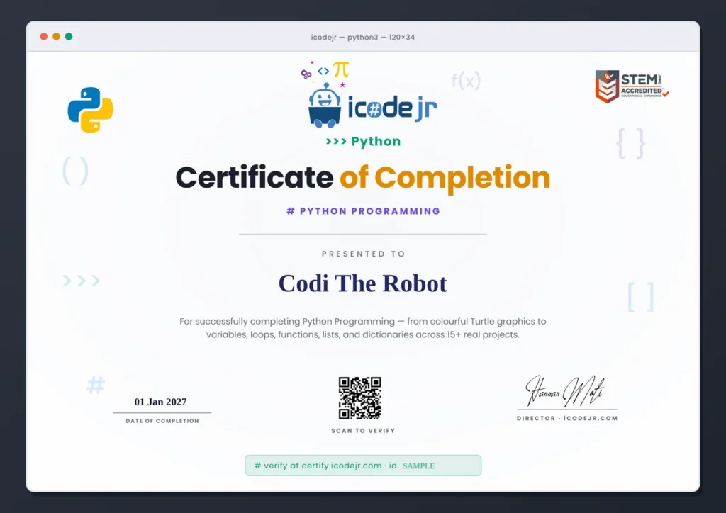 Sample iCodejr Python programming certificate of completion with QR code verification