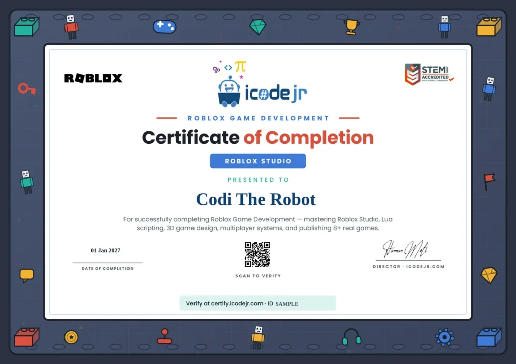 Sample iCodejr Roblox game development certificate of completion with QR code verification