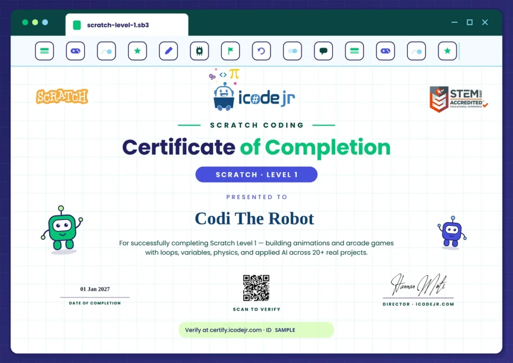Sample iCodejr Scratch Level 1 certificate of completion with QR code verification