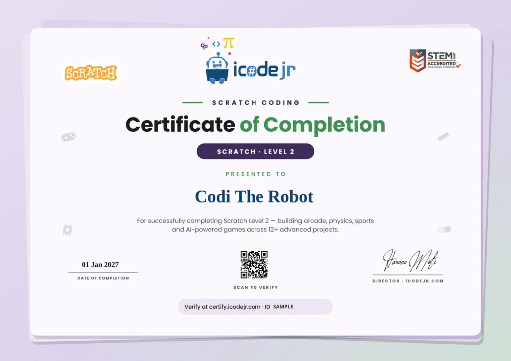 Sample iCodejr Scratch Level 2 certificate of completion with QR code verification