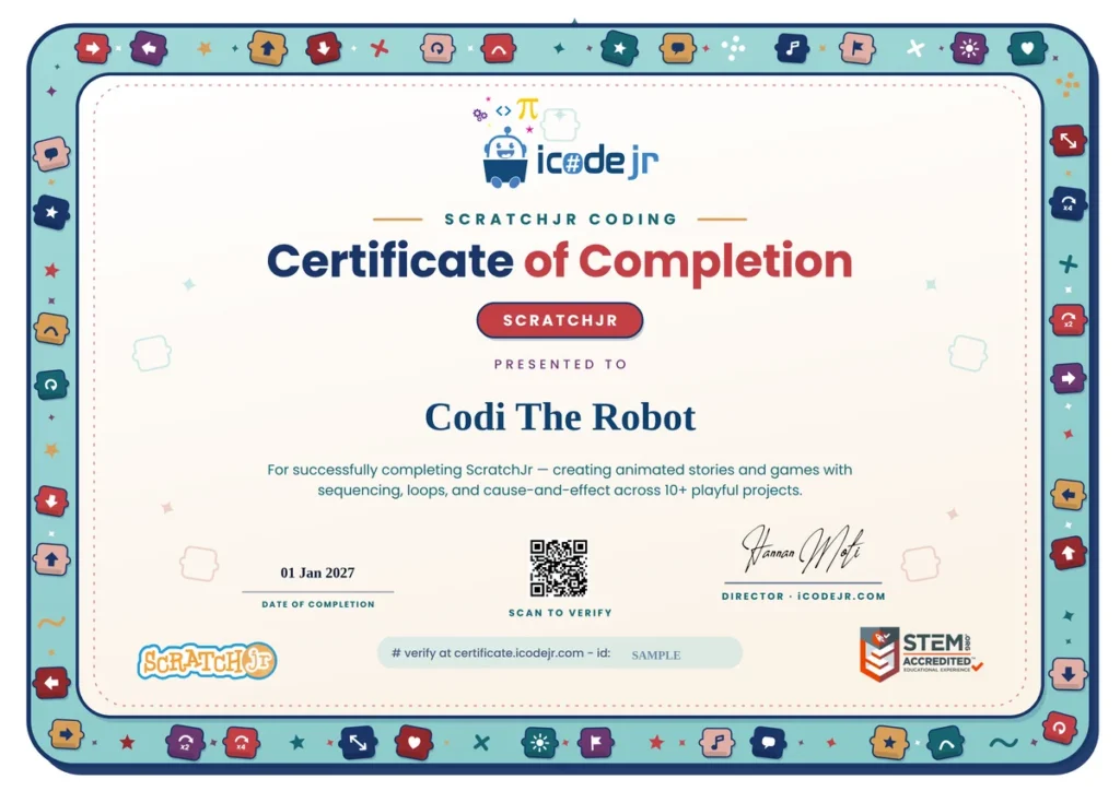 Sample iCodejr ScratchJr certificate of completion with QR code verification