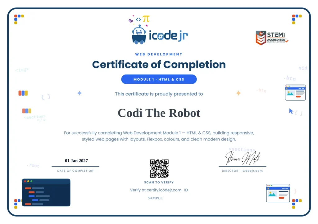 Sample iCodejr web development certificate of completion with QR code verification