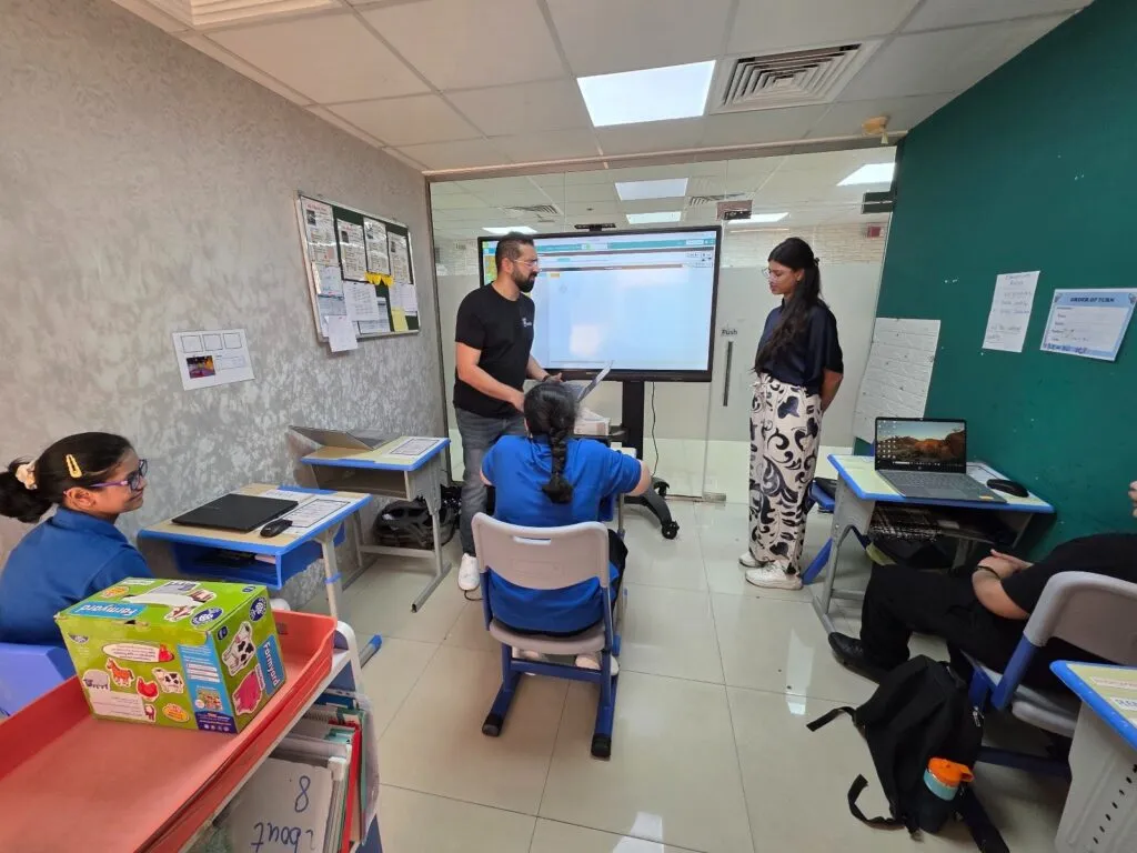 Students code at their desks in a classroom at Behaviour Enrichment in Dubai, with a Matatalab coding kit on the desk