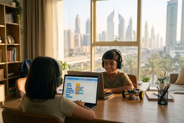 A girl and a boy wearing headphones do block coding on laptops at home in Dubai, with a small robot kit on the table
