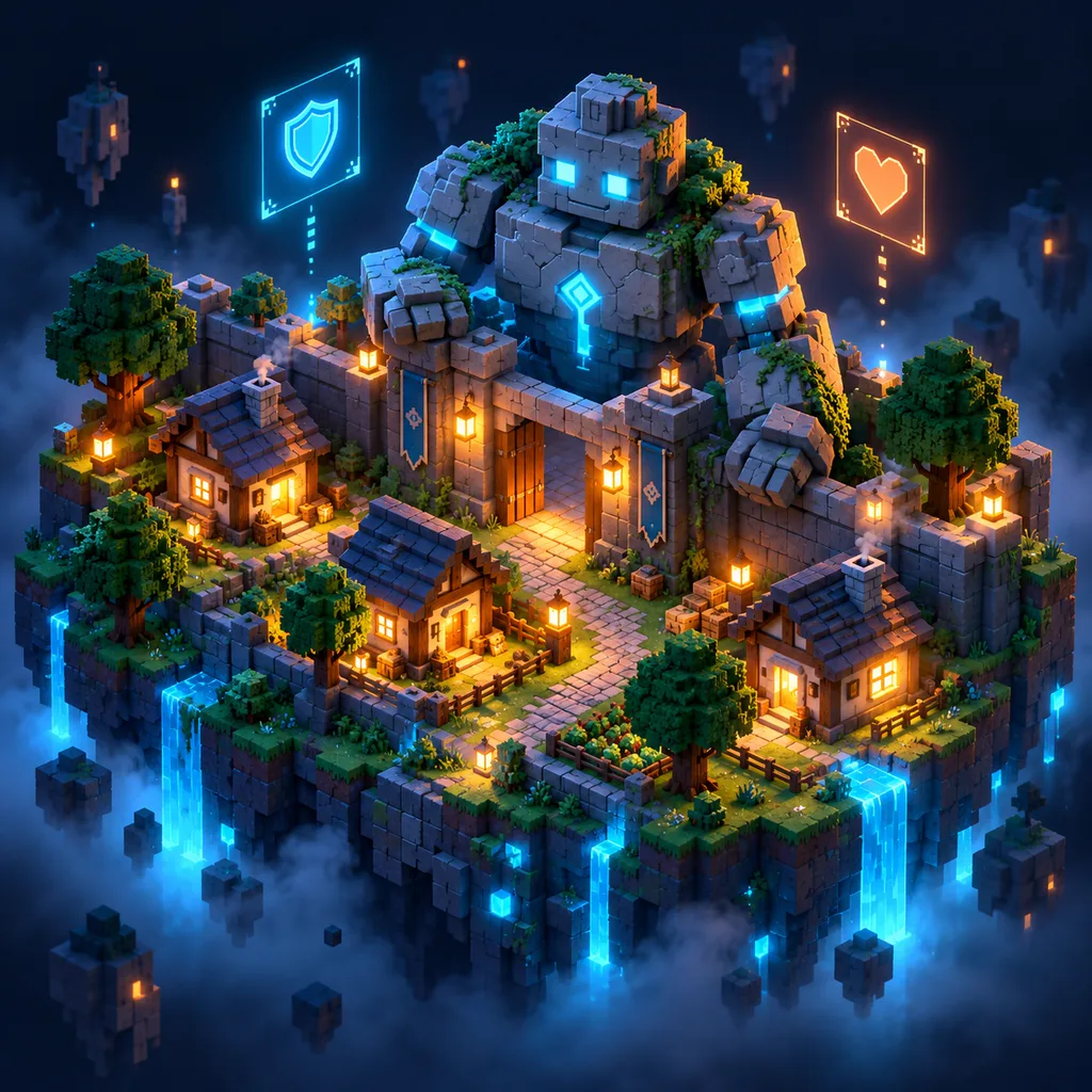 A giant stone-block golem guards the gate of a small blocky village at night
