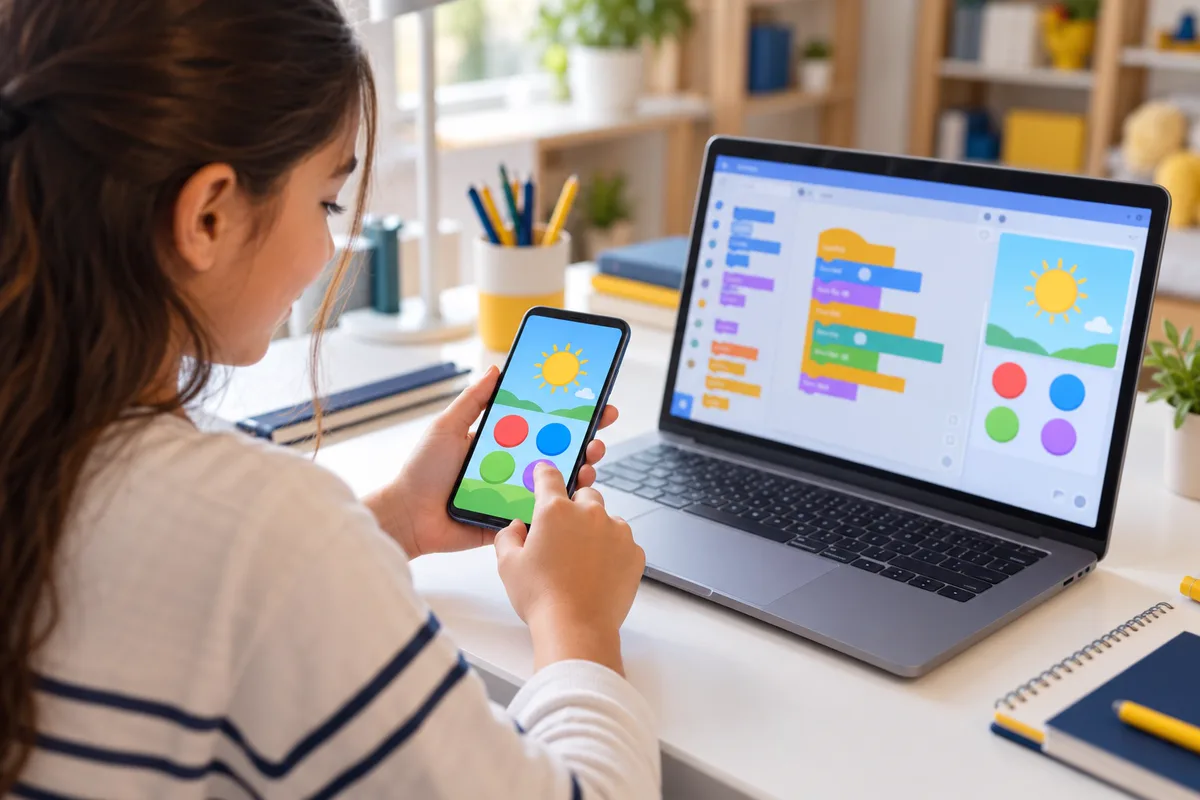 A girl tests the phone app she built, with its block code open on her laptop