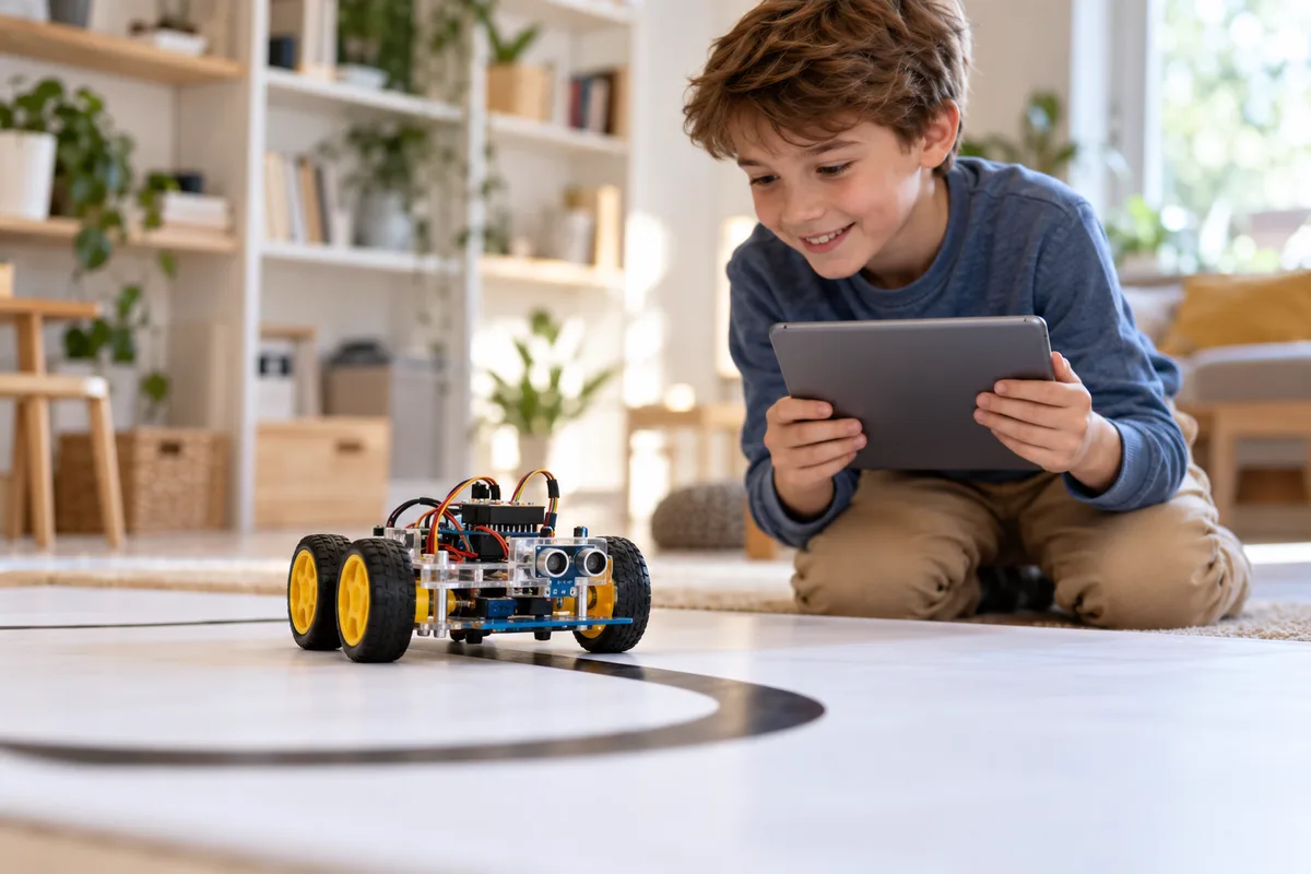 A boy with a tablet watches the robot car he built drive along a black line on the floor