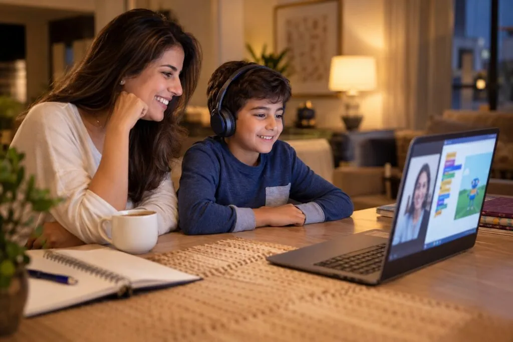 A mother and her son smile at a laptop as his live online coding class begins