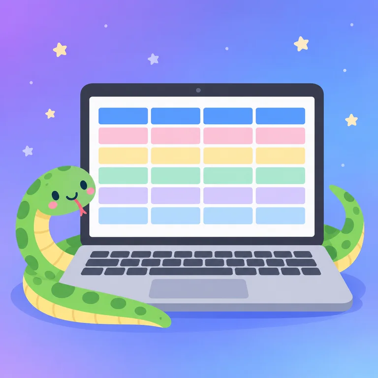 A laptop showing a colourful data table, with a friendly green snake curled around it