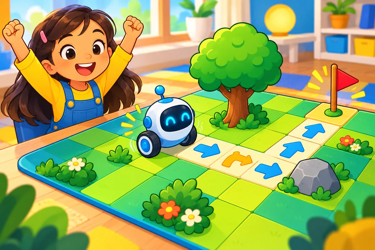 A small robot follows arrow tiles across a grid board towards a flag as a girl cheers