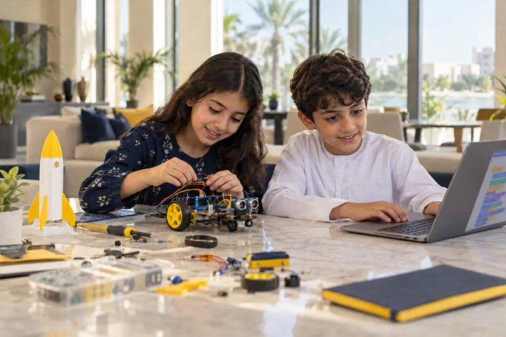 A brother and sister build a small robot and code it on a laptop at home in Abu Dhabi