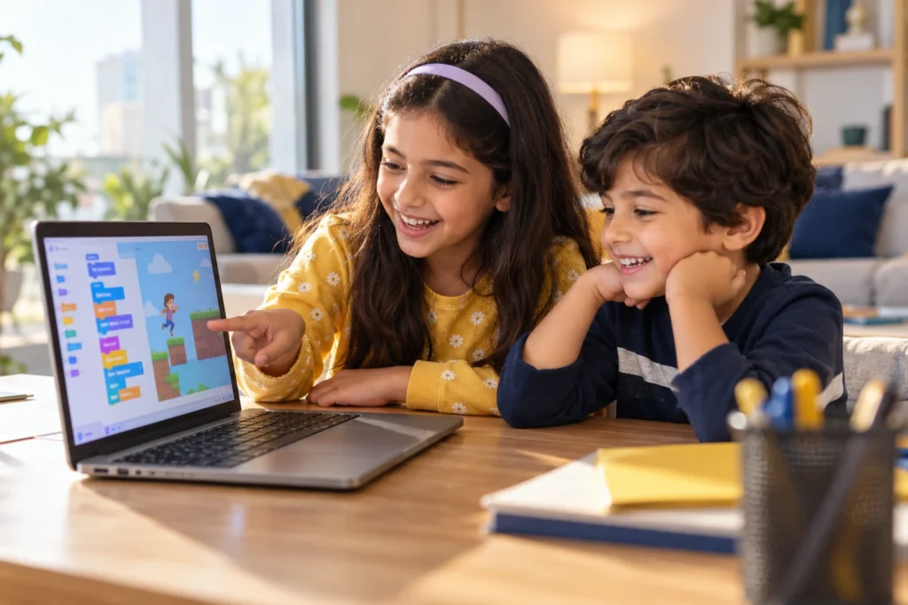 A girl and her younger brother laugh at the block-coding game they made on a laptop