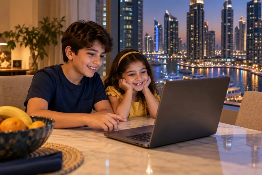 A boy shows his younger sister the game he coded on a laptop, with Dubai Marina lit up behind them