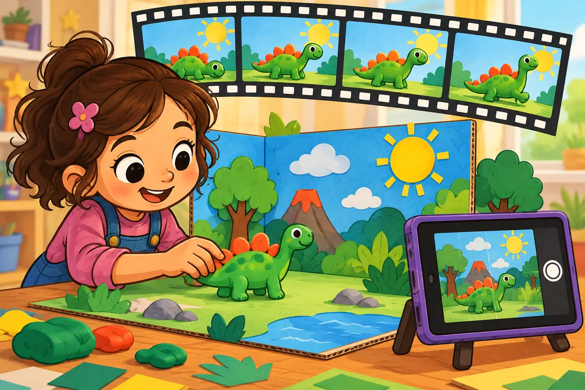 A girl moves a clay dinosaur on a cardboard set while a tablet takes stop-motion photos