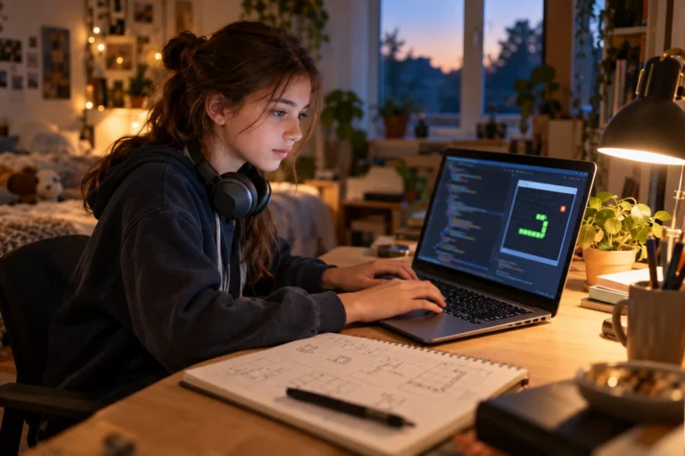 A teenage girl writes code on her laptop for a simple snake game she is building