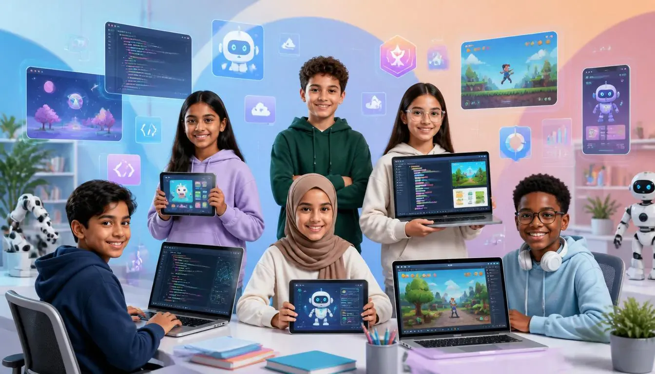 Teenagers show the apps, games and websites they built on laptops and tablets